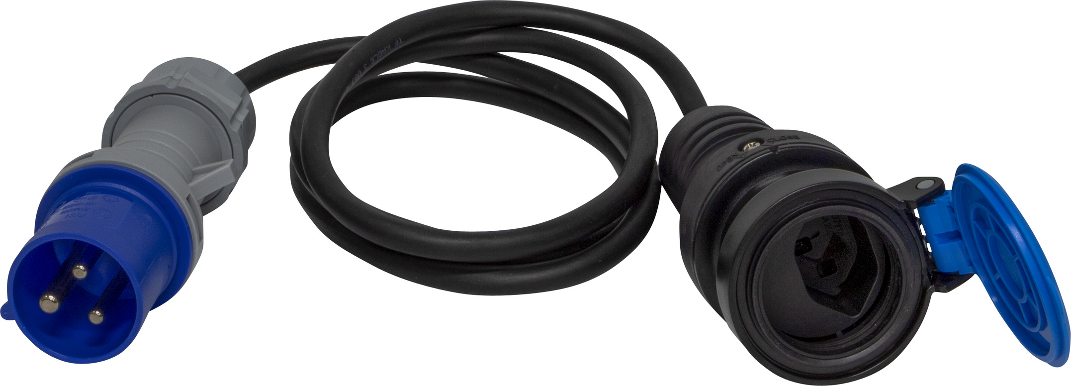 Adapterleitung (Gummi-Neopren), CEE-Stecker 230V/16A, T23 Kupplung (IP55),  Kabel 1.5m H07RN-F 3G2.5 schwarz