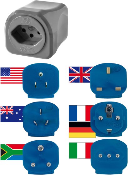 Weltreisestecker mit 6-Adaptern mit 10A Sicherung,Blister verpackt *CH* - Produktbild