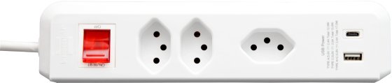 cleverLINE Steckdosenleiste mit Schalter 2+1-fach weiss, mit USB Typ-A und USB Typ-C, 2m H05VV-F 3G1.0 *CH* - Produktbild