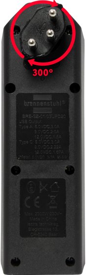 cleverLINE Abzweigstecker 3-fach schwarz mit USB Typ-A und USB Typ-C, drehbar bis 300° ohne Aufhänger *CH* - Produktansicht