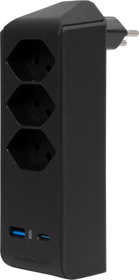 cleverLINE Abzweigstecker 3-fach schwarz mit USB Typ-A und USB Typ-C, drehbar bis 300° ohne Aufhänger *CH* - Produktbild