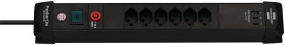 Premium-Line Steckdosenleiste 6-fach (Typ T13) mit 2x USB C PD 65W und USB A 18W schwarz, 3m H05VV-F3G1,5