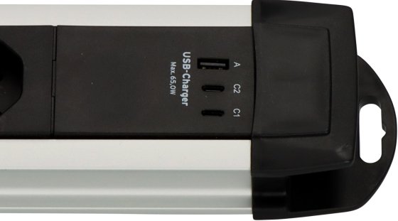 Premium-Alu-Line Steckdosenleiste 6-fach (Typ T13) mit 2x USB C PD 65W und USB A 18W, 3m H05VV-F3G1,5 - Produktansicht