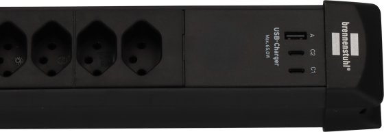 Premium-Line 60.000A &Uuml;berspannungsschutz-Steckdosenleiste 6-fach (Typ T13) mit 2x USB C PD 65W und 1x USB A 18W schwarz, 3m H05VV-F 3G1,5 - Produktansicht